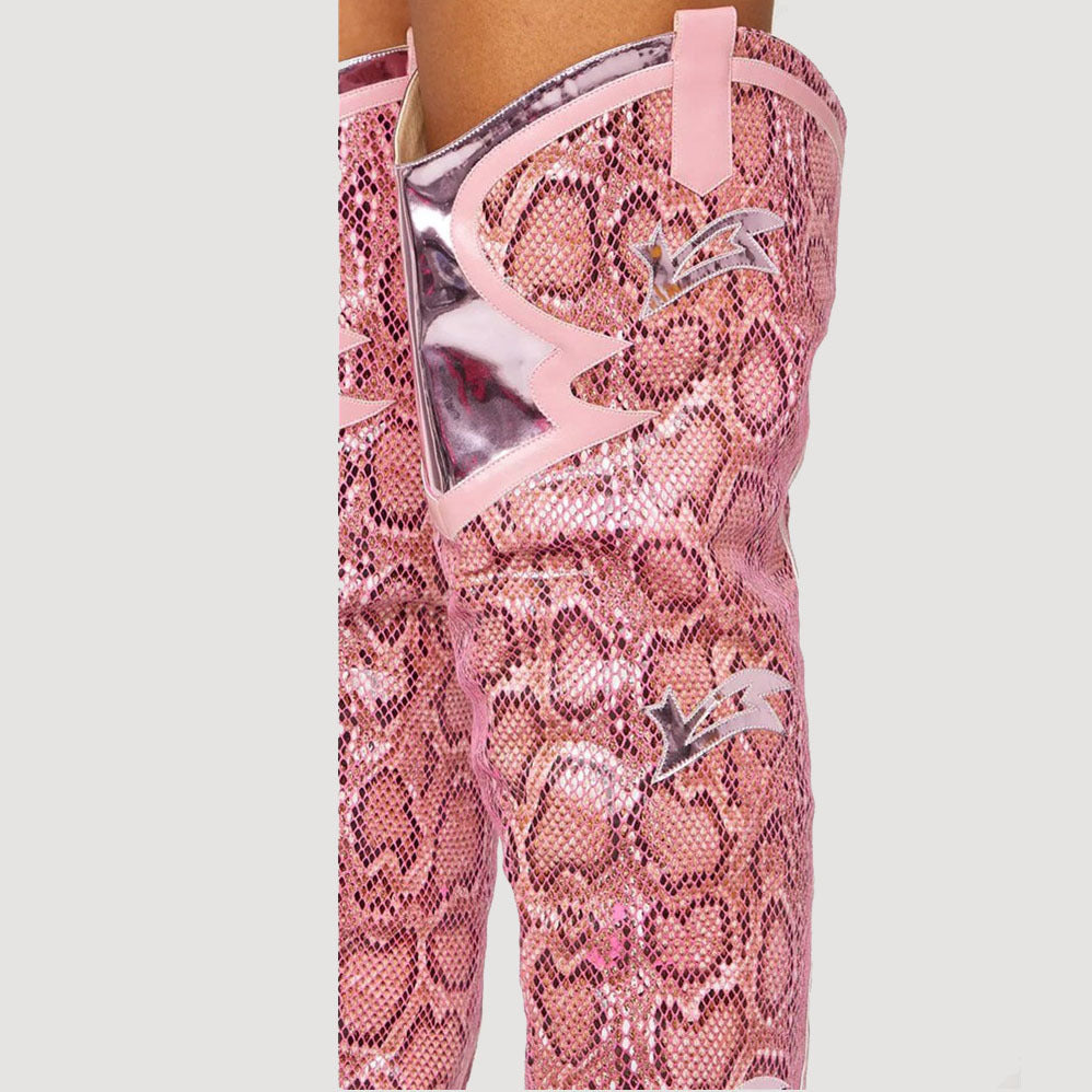 Fashion Sexy Snake Print Pointed Toe Thick Heel High Heel Boots Women